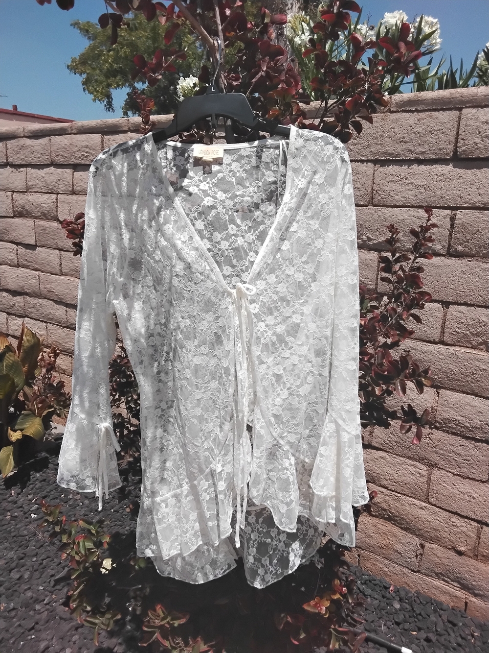 LONDONJEAN White Sheer Lace Tie-Front Tunic